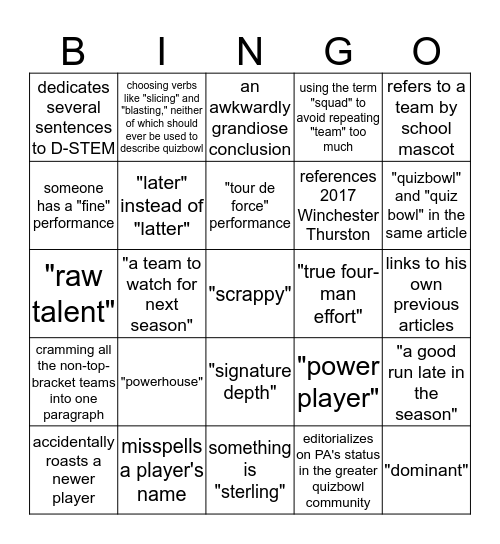 Ben's Wrapups Bingo Card