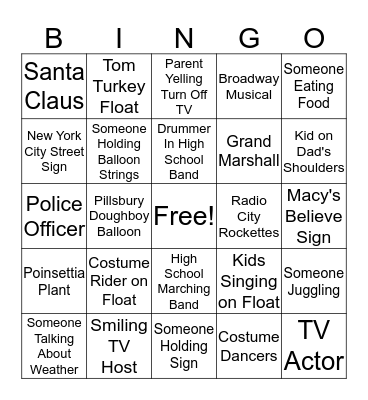 Thanksgiving Day Parade Bingo Card