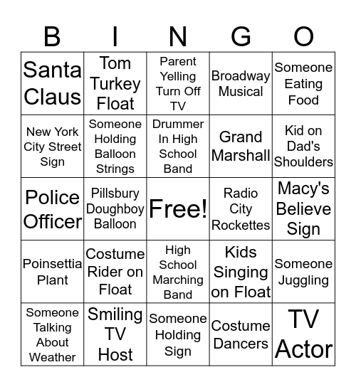 Thanksgiving Day Parade Bingo Card
