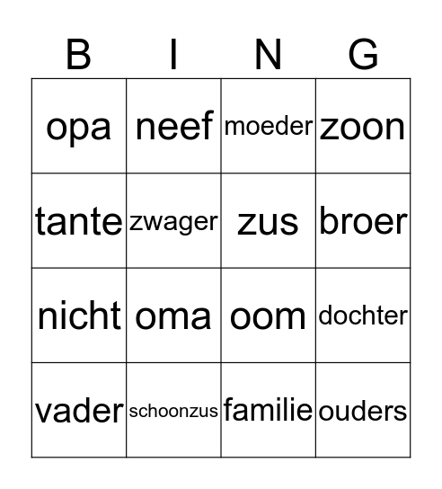 Familie bingo Card