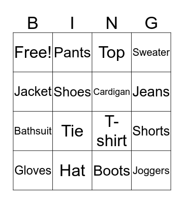 VOcabulary Clothes Bingo Card