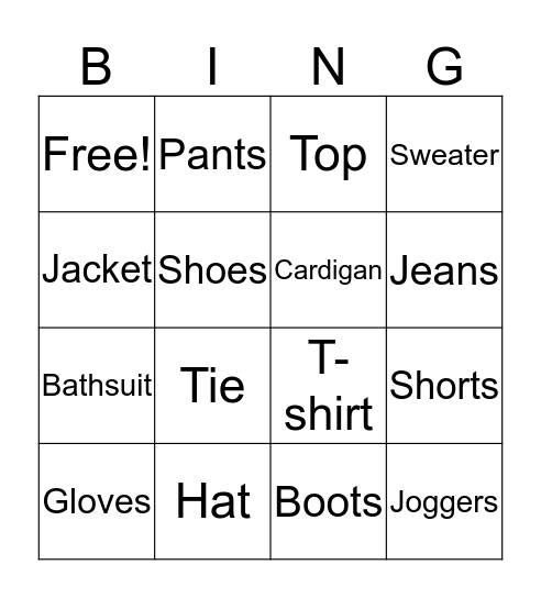 VOcabulary Clothes Bingo Card