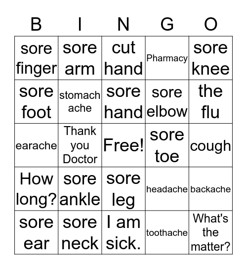 Going to the doctor 3 Bingo Card