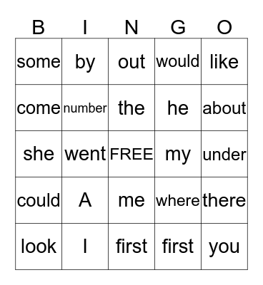 Sight Words Bingo Card