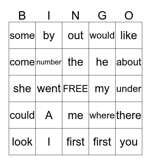 Sight Words Bingo Card