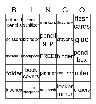 School Supply Bingo! Bingo Card