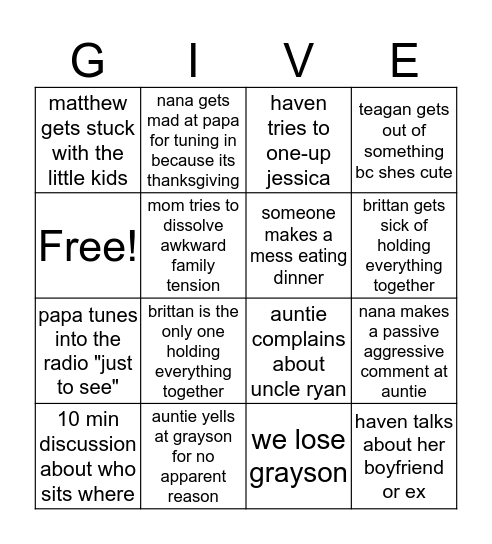 family thankgiving!!!! Bingo Card