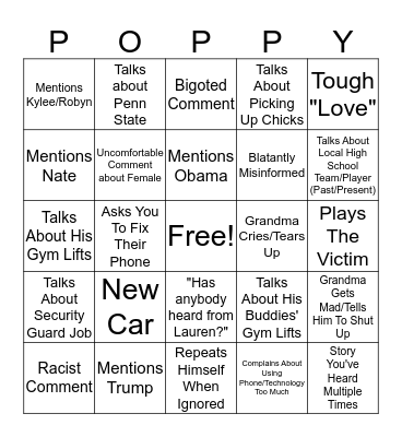 Grandma/Poppy Bingo Card