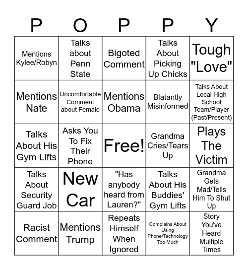 Grandma/Poppy Bingo Card