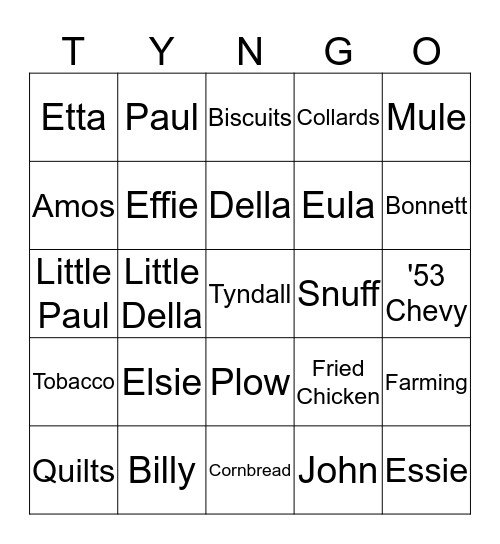 TYNDALL FAMILY BINGO! Bingo Card