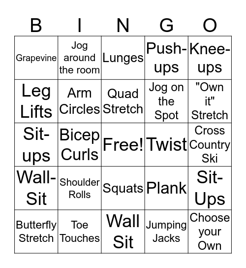 Active Living Bingo Card