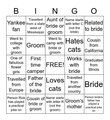 Wedding camp Bingo!  Bingo Card
