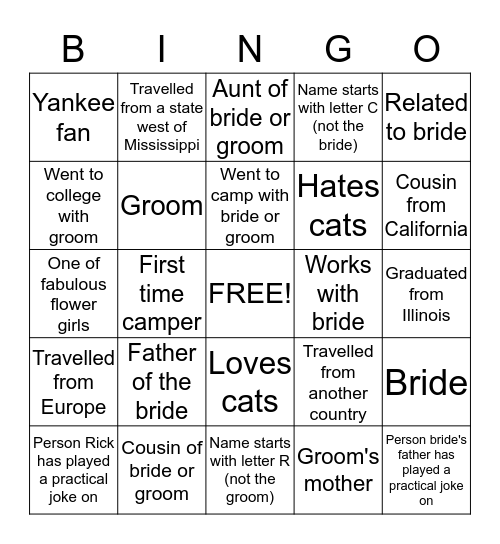 Wedding camp Bingo!  Bingo Card