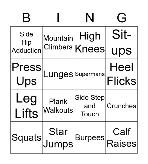 Fitness Bingo  Bingo Card