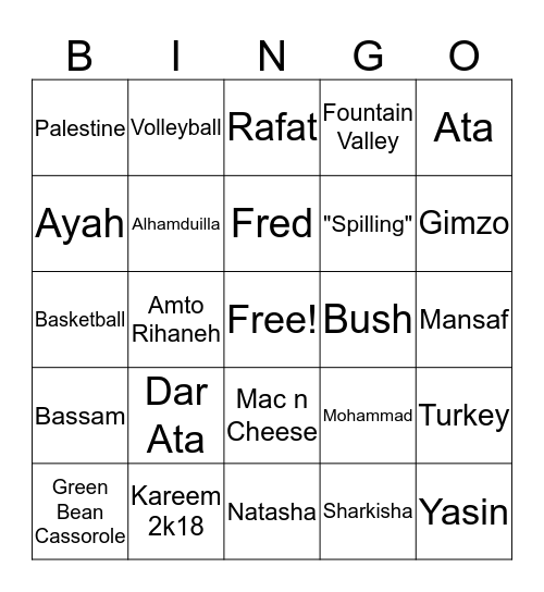 Dar Ata Thanksgiving Bingo Card