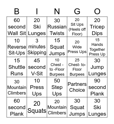 Fitness Bingo Card
