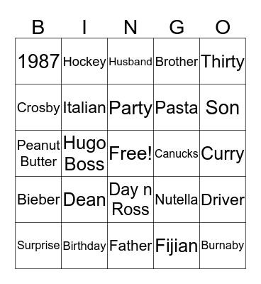 Dean’s Birthday Bingo Card