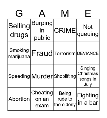 Crime and Deviance  Bingo Card