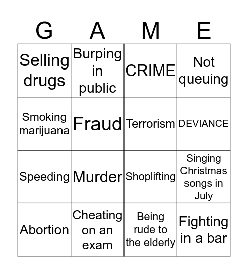 Crime and Deviance  Bingo Card