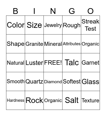 Rocks and Minerals Bingo Card