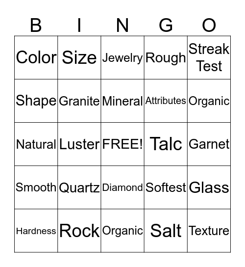 Rocks and Minerals Bingo Card