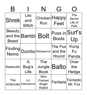 Animated Animal Movies Bingo Card