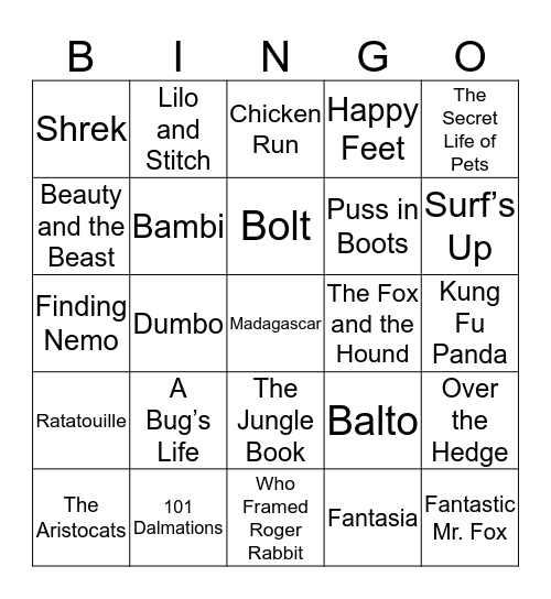 Animated Animal Movies Bingo Card