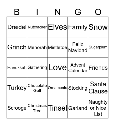 Holiday Words Bingo Card