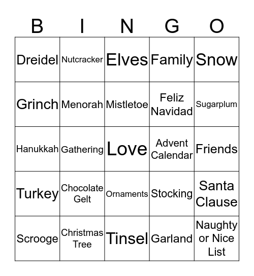 Holiday Words Bingo Card