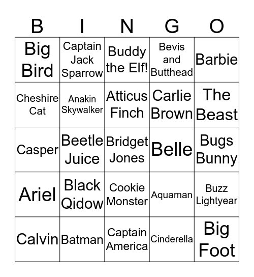 ABC Fictional Characters Bingo Card