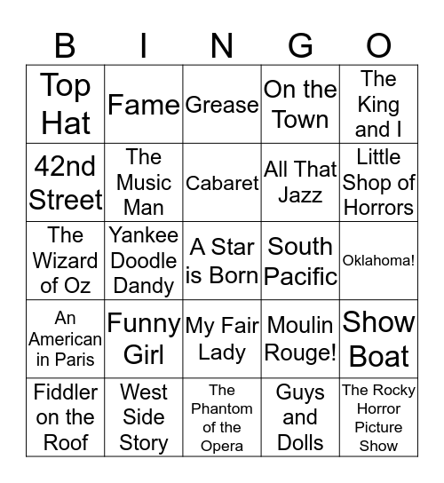 Film Musicals Bingo Card