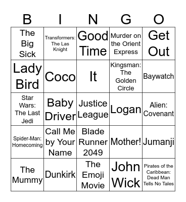 2017 Movies Bingo Card