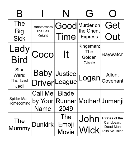 2017 Movies Bingo Card