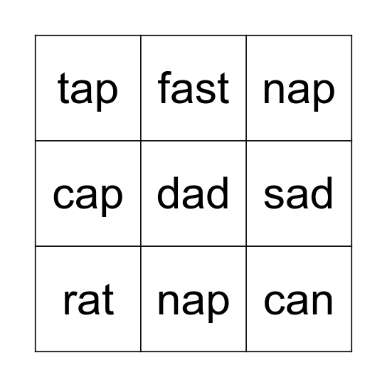 Short Vowel a Bingo Card