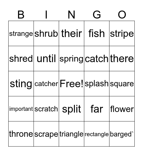 U2-W5 3 Letter Blends scr-, spr-, str-, thr-, spl-, shr- Bingo Card