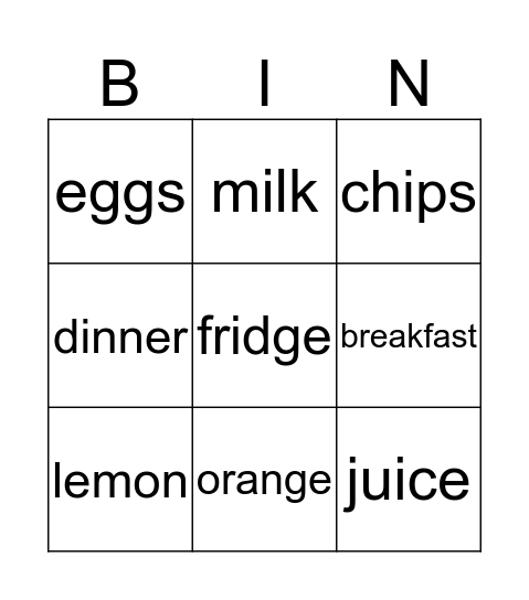 Dinner Time Bingo Card