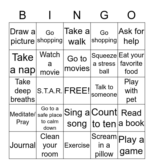 Coping Skills Bingo Card