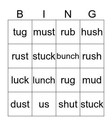 The /u/ sound Bingo Card