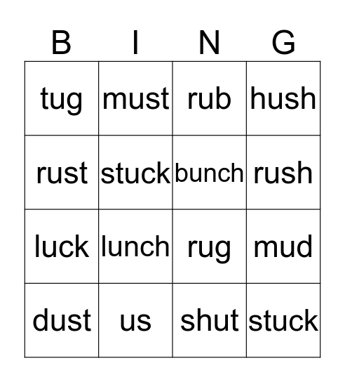 The /u/ sound Bingo Card