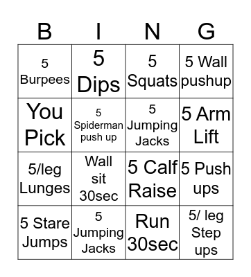 Work Out  Bingo Card