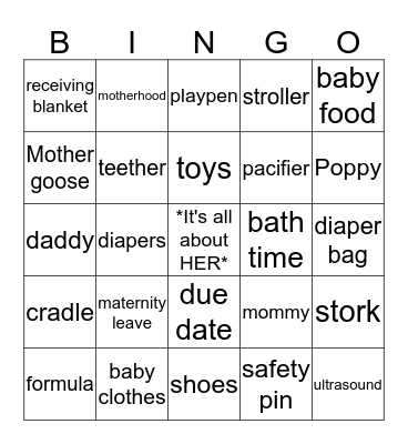 Koiya's Baby Shower "It is all about HER" Bingo Card