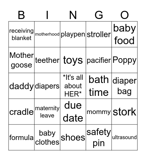 Koiya's Baby Shower "It is all about HER" Bingo Card