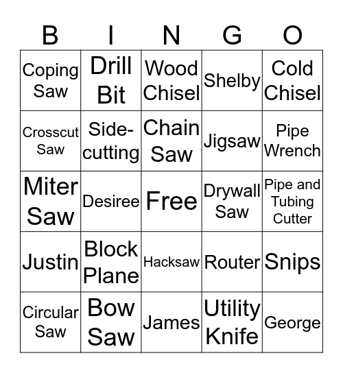 Construction Tools Bingo Card