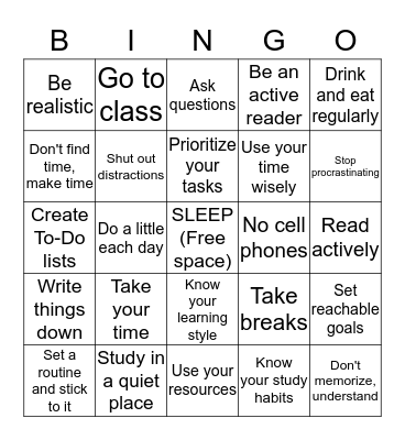 STUDY SKILLS BINGO! Bingo Card