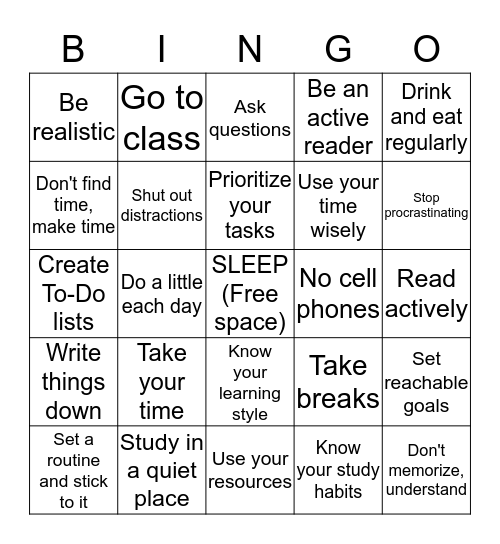 STUDY SKILLS BINGO! Bingo Card
