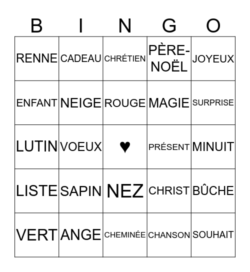 Noël Bingo Card