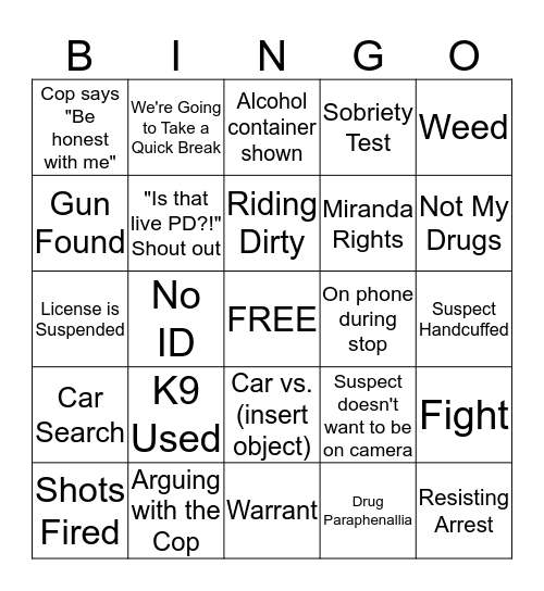 Live PD Bingo Card