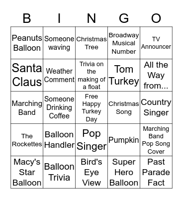 Macy's Thanksgiving Day Parade Bingo Card