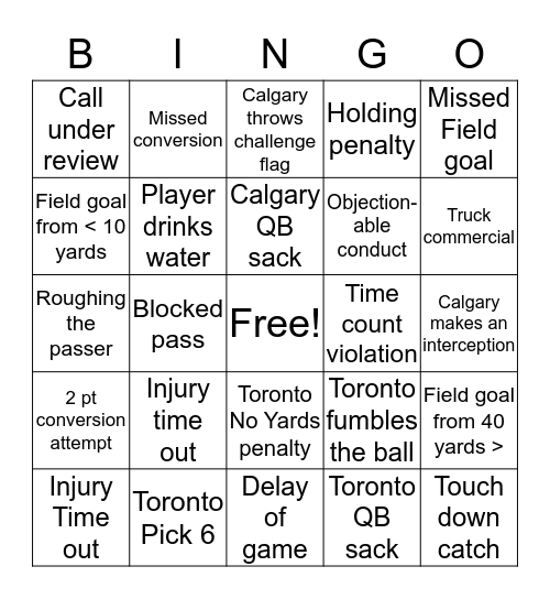 Grey Cup Bingo Card