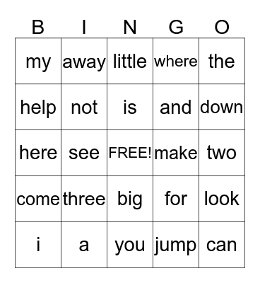 Sight Words Bingo Card